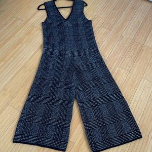 Women Zara Knit Jumpsuit Thick Wide Leg Pants V Neck Black Gray M Excellent